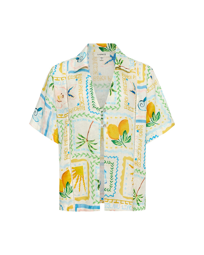 LSPACE La Mer shirt in Wish You Were Here print, off-model flat lay.