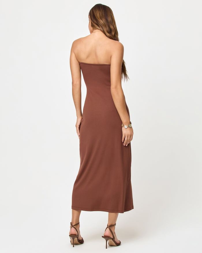 Back view of model wearing the LSPACE Lisette Dress in cafe.