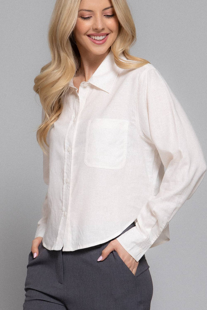 Long Sleeve Button Down Crop Linen Blend Shirt