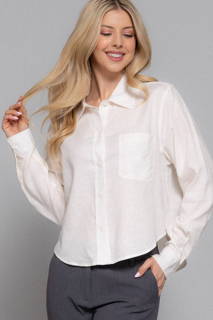 Long Sleeve Button Down Crop Linen Blend Shirt
