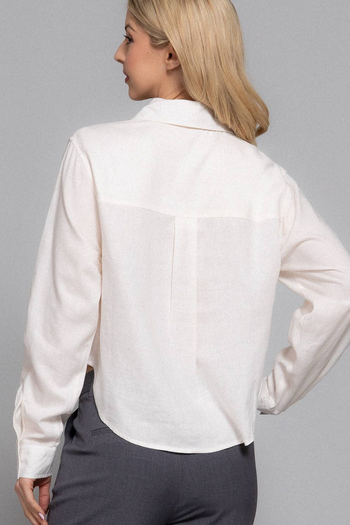 Long Sleeve Button Down Crop Linen Blend Shirt