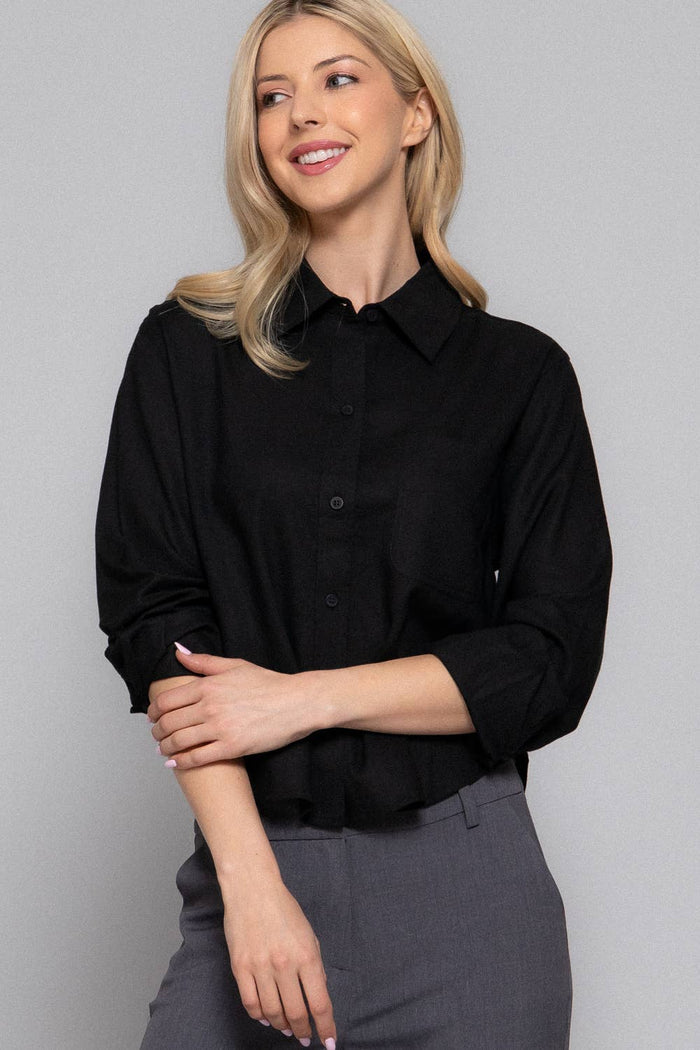 Long Sleeve Button Down Crop Linen Blend Shirt
