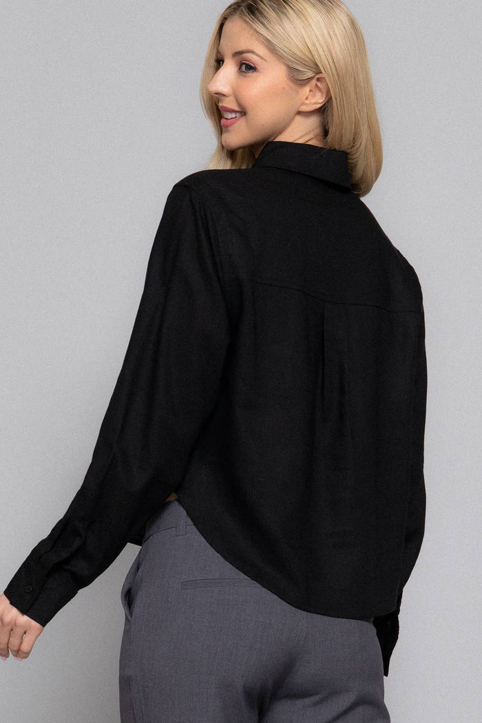 Long Sleeve Button Down Crop Linen Blend Shirt