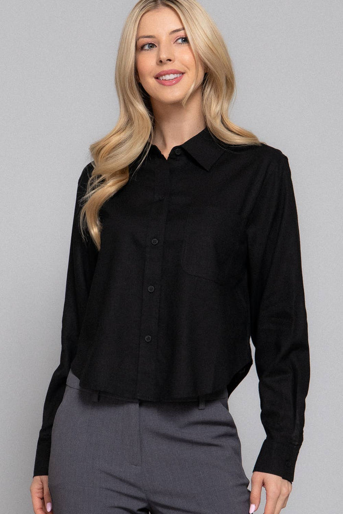 Long Sleeve Button Down Crop Linen Blend Shirt