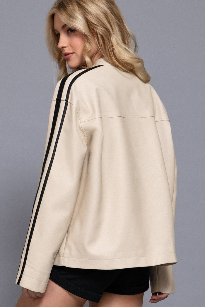 Long Sleeve Line Detail Washed Effect Faux Leather Jacket
