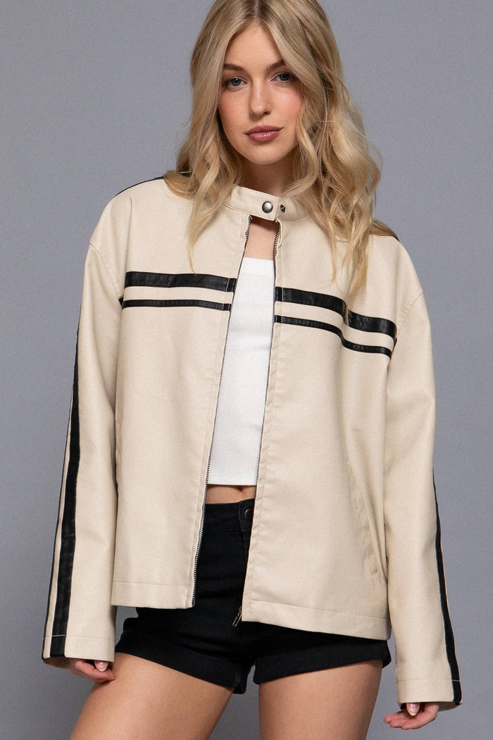 Long Sleeve Line Detail Washed Effect Faux Leather Jacket