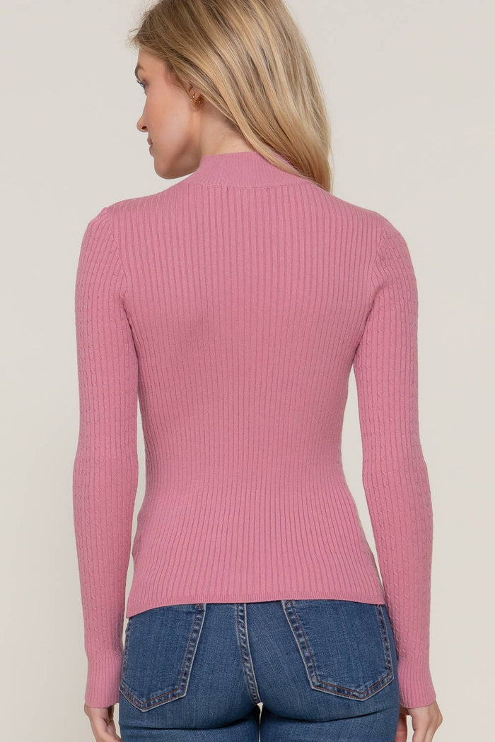Long Sleeve Mock Neck Rib Sweater  : RED