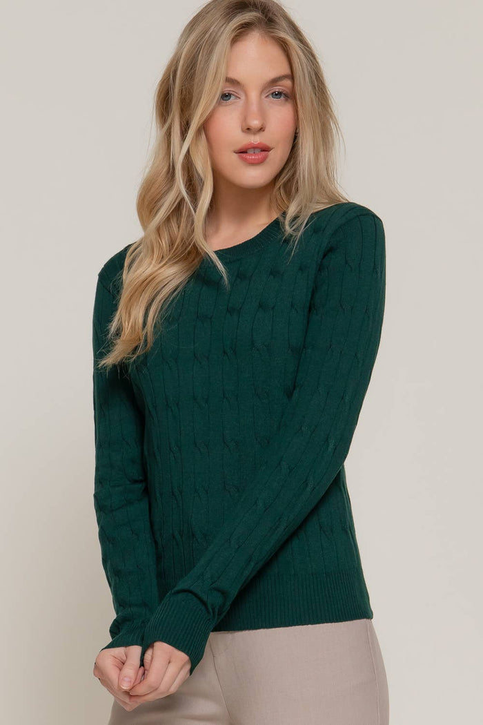 Long Sleeve Round Neck Cable Sweater  NAVY