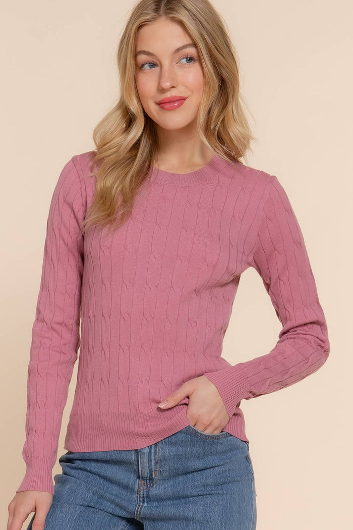 Long Sleeve Round Neck Cable Sweater  NAVY