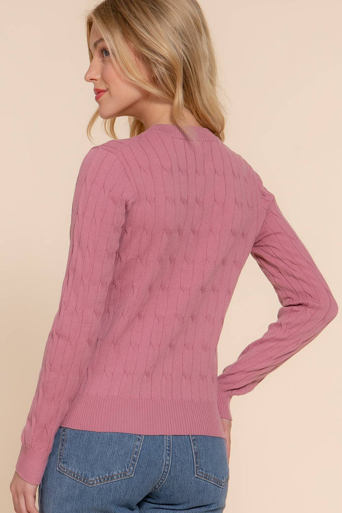 Long Sleeve Round Neck Cable Sweater  NAVY