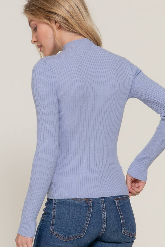 Lt Blue Long Sleeve Mock Neck Rib Sweater