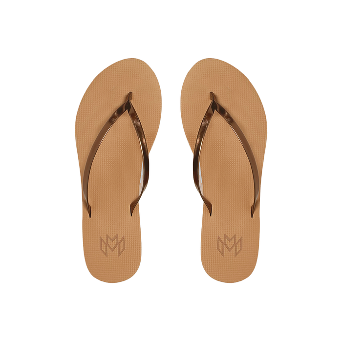 Lux Bronzed minimalist flip flop with thin brown metallic strap and beige arch support footbed