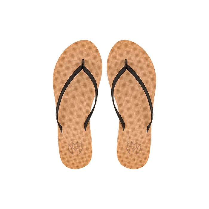Lux Nova minimalist flip flop with thin black strap and beige arch support footbed