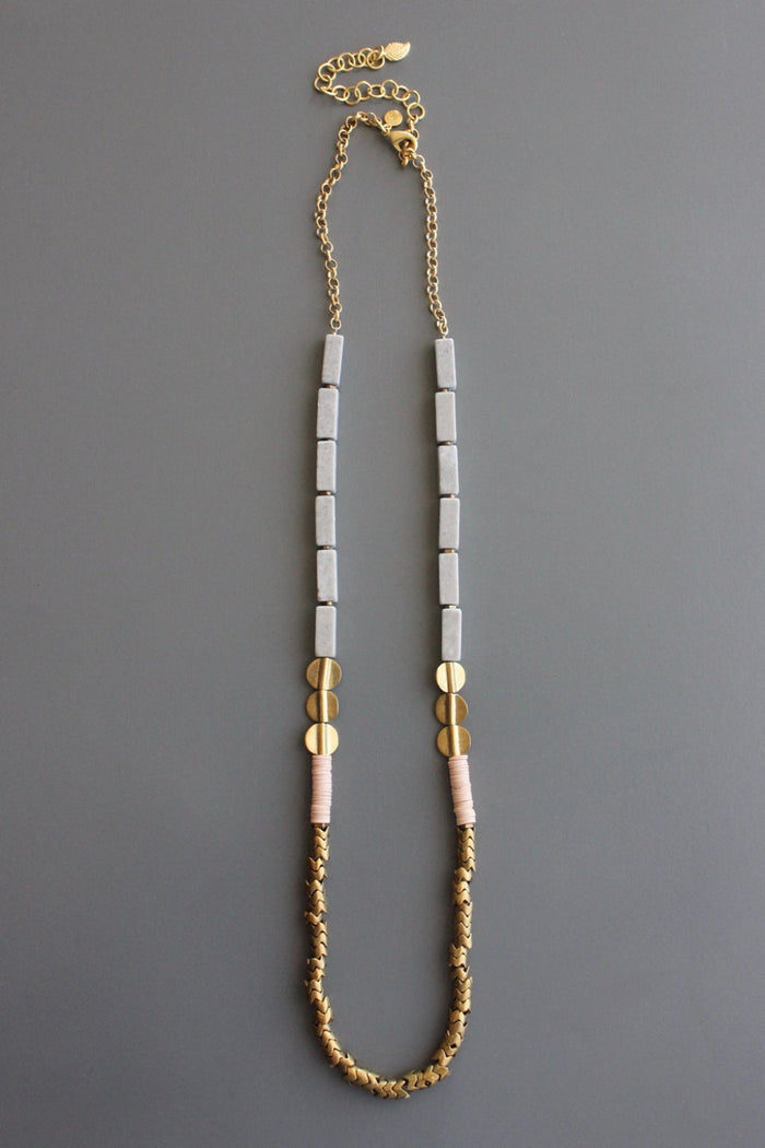 Marble, Thai Brass and Pink Vulcanite Necklace