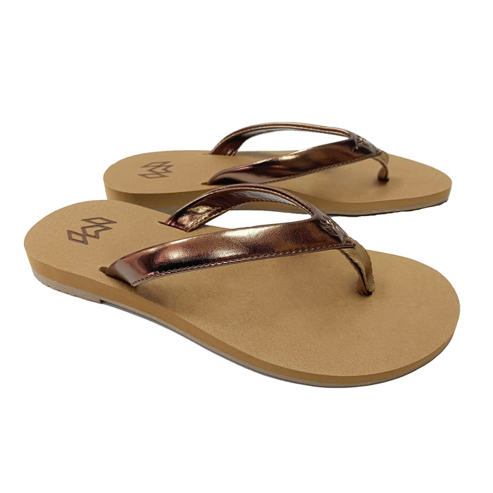 Marley Bronze flip flop with memory foam and arch support in brown metallic strap with beige footbed