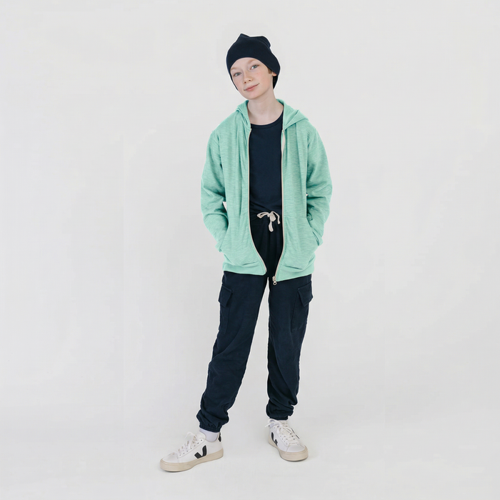 Mod Zip Hoodie - 100% GOTS-Certified Organic Cotton Shorts - Mint - Made in Canada - Toddler and Kids and Teens - mini mioche