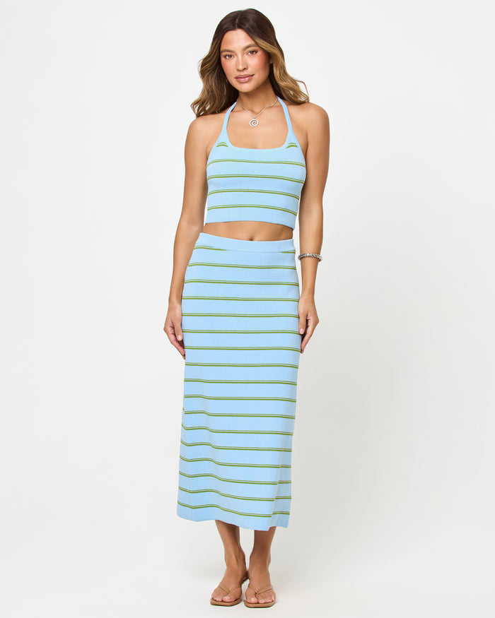 Barbados Stripe | Badge:New Arrival_#B2AC88_#ffffff'
LSPACE Positano Top and Ravello Skirt in Barbados Stripe, front view on model.