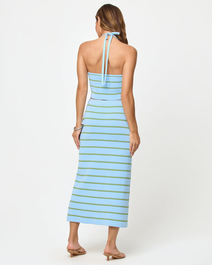 LSPACE Positano Top and Ravello Skirt in Barbados Stripe, back view on model.