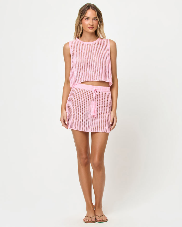 Rosewater | Badge:New Arrival_#B2AC88_#ffffff'
LSPACE Sander Top and Skirt in Rosewater, front view on model.