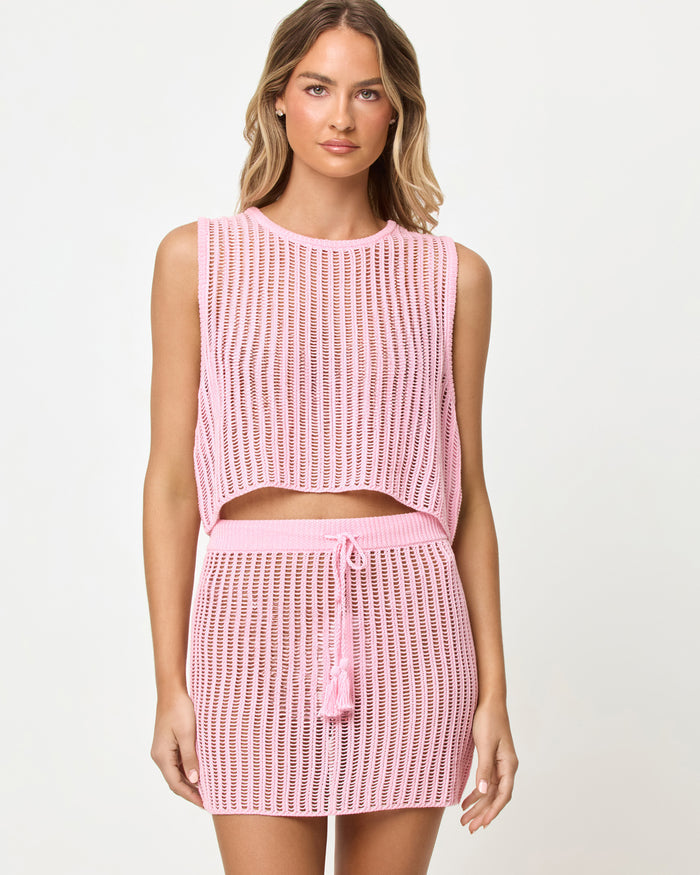 Rosewater | Badge:New Arrival_#B2AC88_#ffffff'
LSPACE Sander Top and Skirt in Rosewater, close-up front view on model.