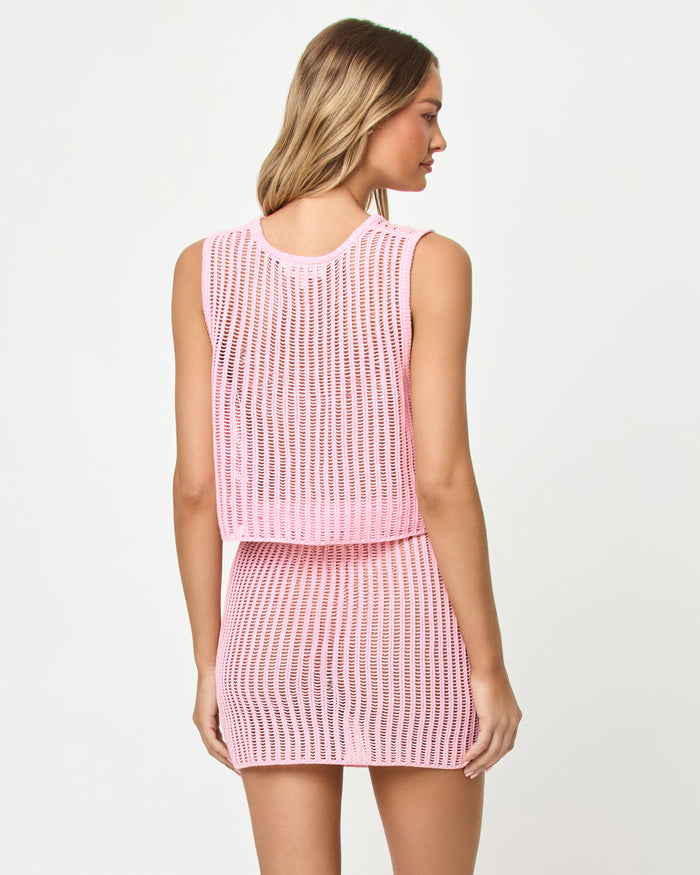 LSPACE Sander Top and Skirt in Rosewater, back view on model.