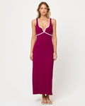Front view of model wearing the LSPACE Sayge Maxi in berry jam cream, a sleeveless maxi dress with contrast trim at the sweetheart neckline.