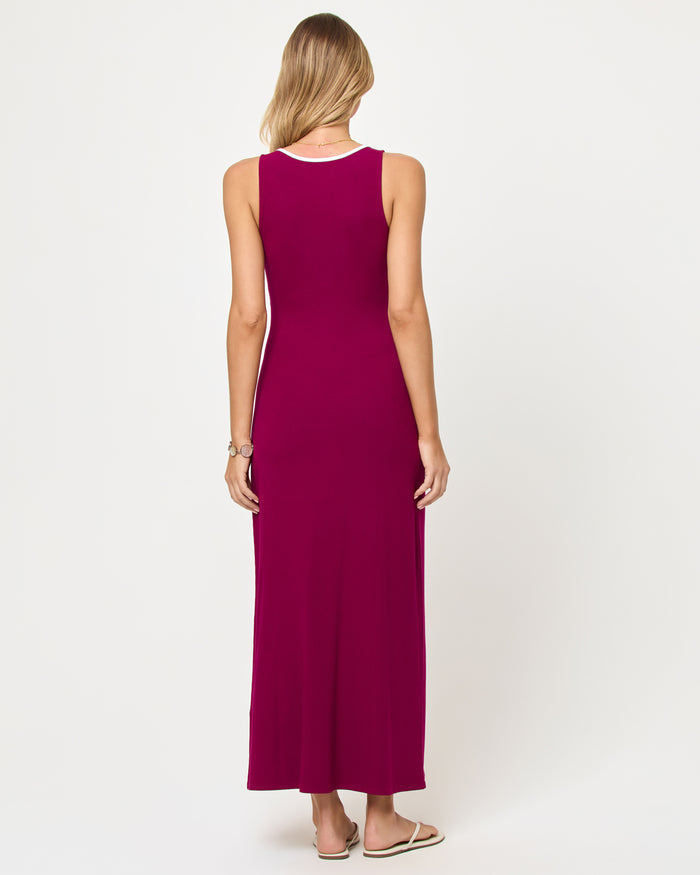 Back view of model wearing the LSPACE Sayge Maxi in berry jam cream.
