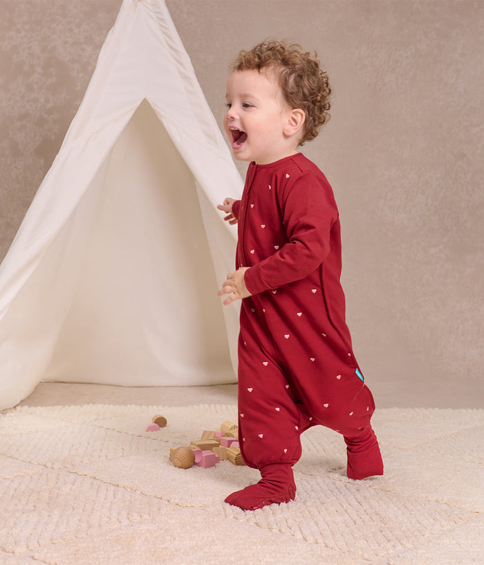 Sleep Suit Long Sleeve 1.5 TOG Cotton Fleece Maroon Hearts Embroidery