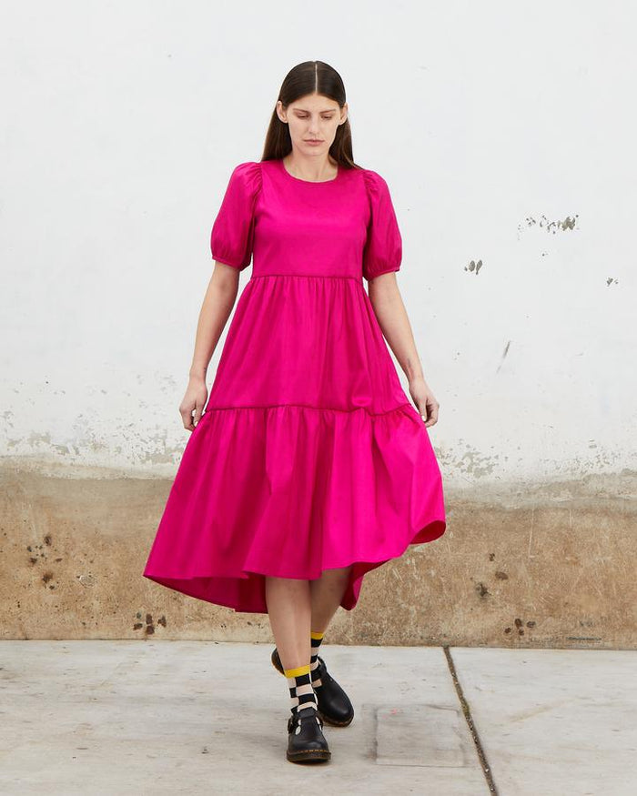 Stretch Ruffle Dress in Electric Pink