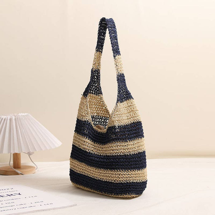 Striped Crochet Shoulder Bag: BLUE / One Size