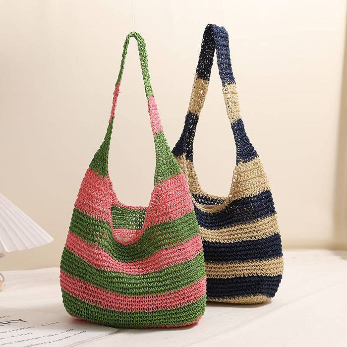 Striped Crochet Shoulder Bag: BLUE / One Size