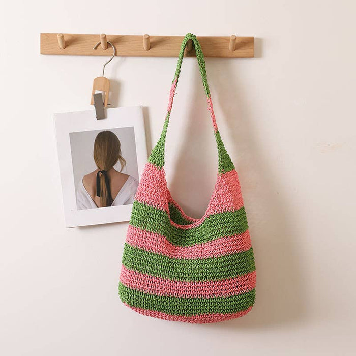 Striped Crochet Shoulder Bag: BLUE / One Size