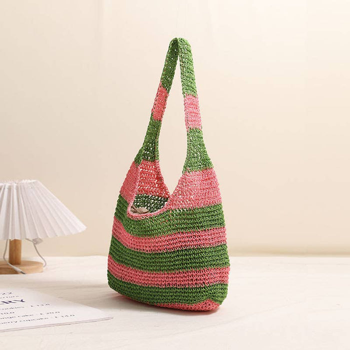 Striped Crochet Shoulder Bag: BLUE / One Size