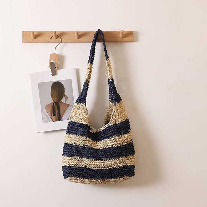 Striped Crochet Shoulder Bag: BLUE / One Size