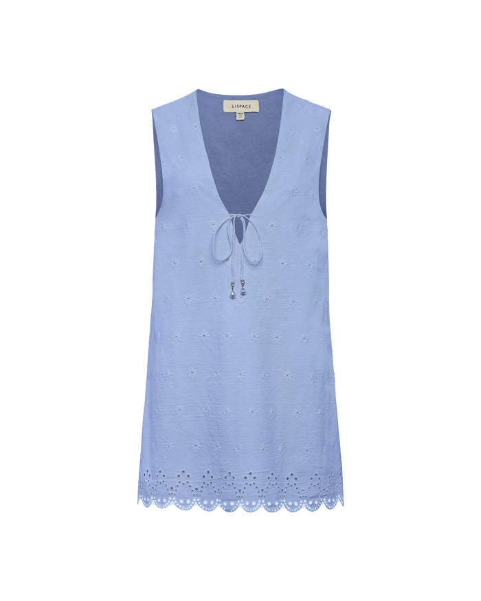 LSPACE Sunday Mini in chambray, off-model flat lay on white background.
