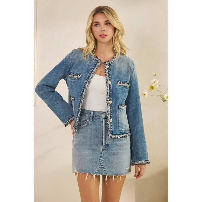 Tweed Trimmed Front Pocket Denim Jacke