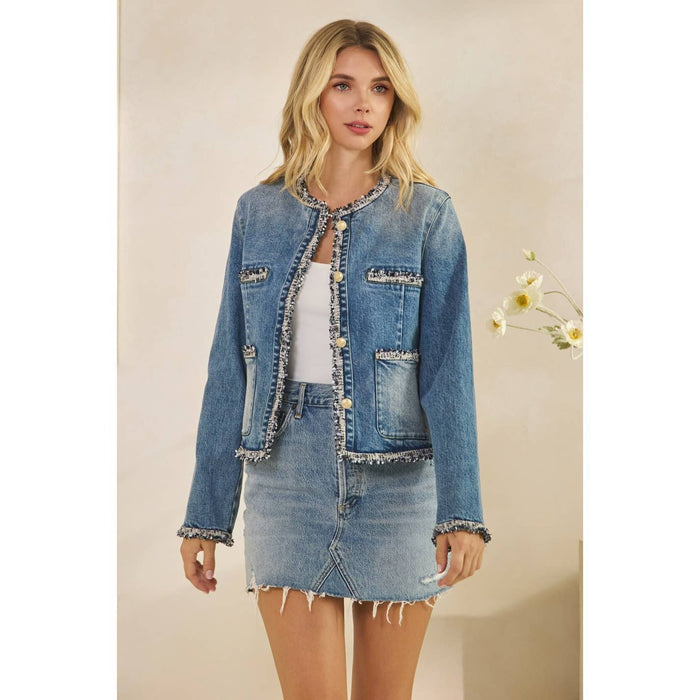 Tweed Trimmed Front Pocket Denim Jacke