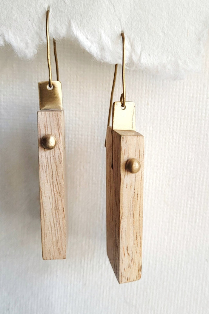 Wood Cut Brass Hook Earrings