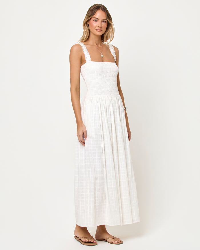 Cream | Badge:New Arrival_#B2AC88_#ffffff'
LSPACE Wren Maxi in cream, three-quarter view on model.