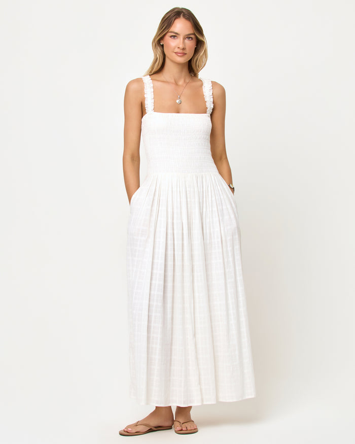 LSPACE Wren Maxi in cream, front view on model.