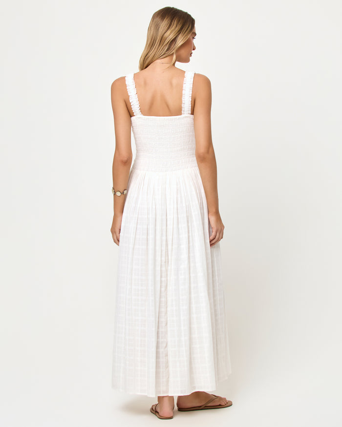 LSPACE Wren Maxi in cream, back view on model.