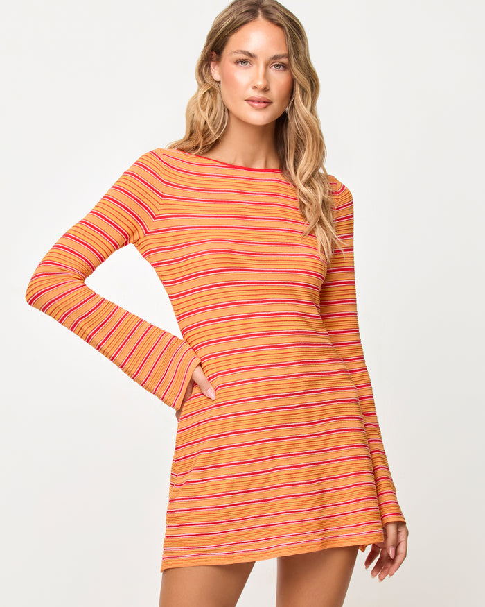 Close-up of the LSPACE x The Salty Blonde Tita Dress in chili pepper stripe showing the stripe pattern detail.